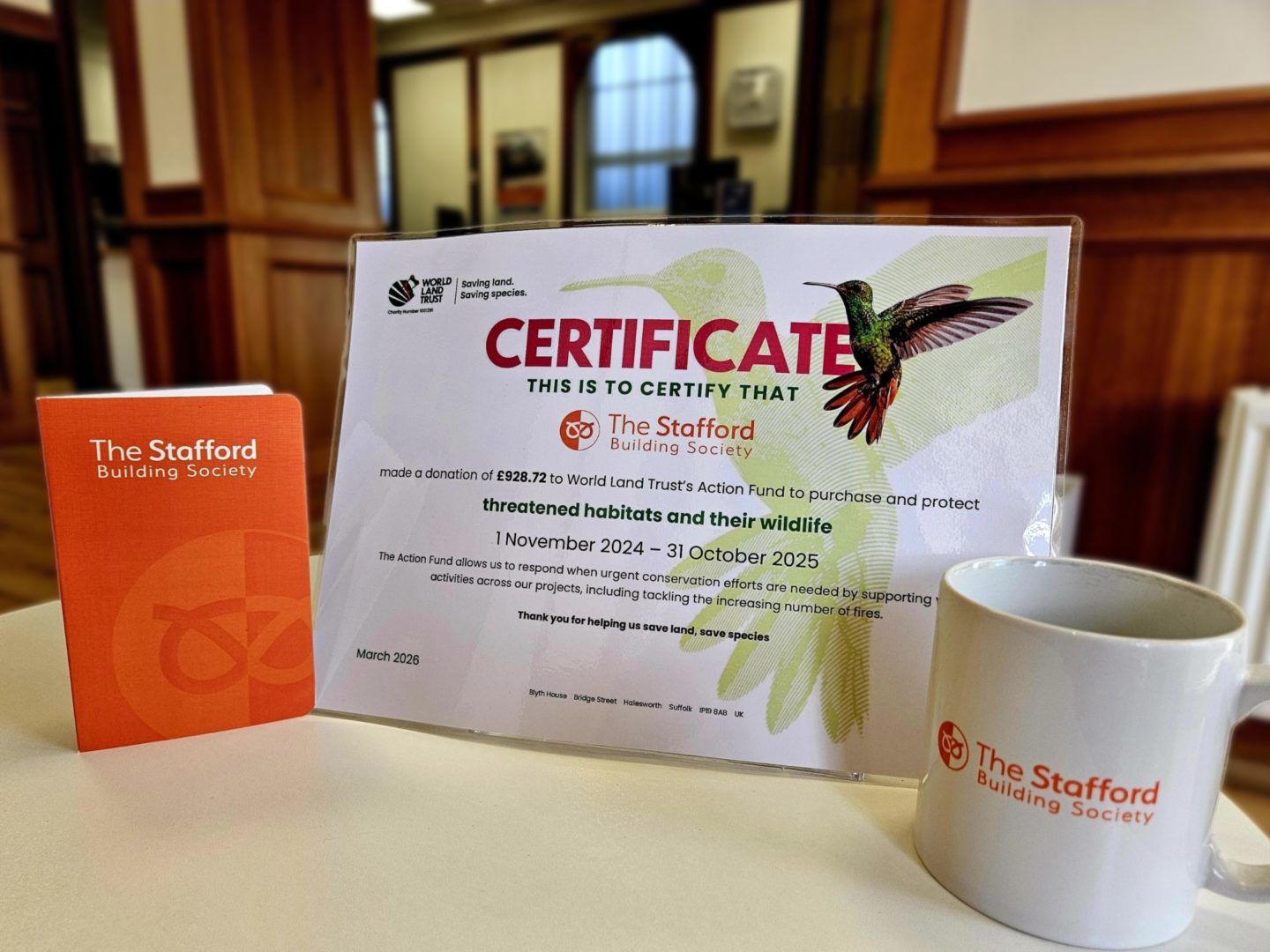 World Land Trust donation and certificate